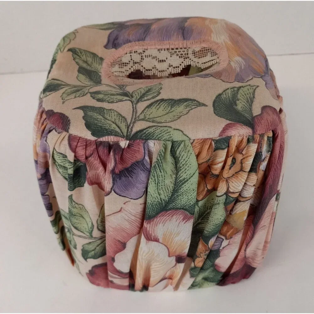 Tissue Box Cover 2 Piece Cloth Floral Cover Over Clear Plastic 5.5